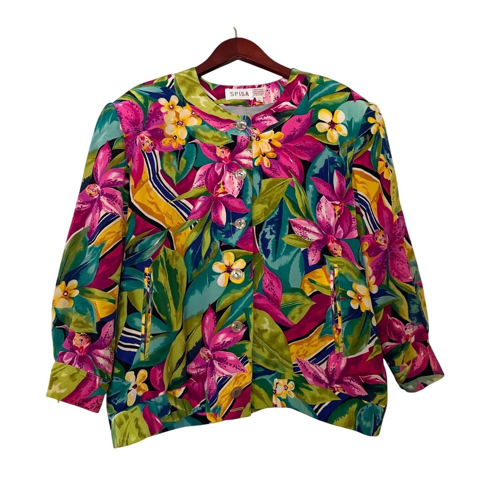 Vintage 90s Spiga 100% Silk Jacket Tropical Floral Button Front Pink Green 10